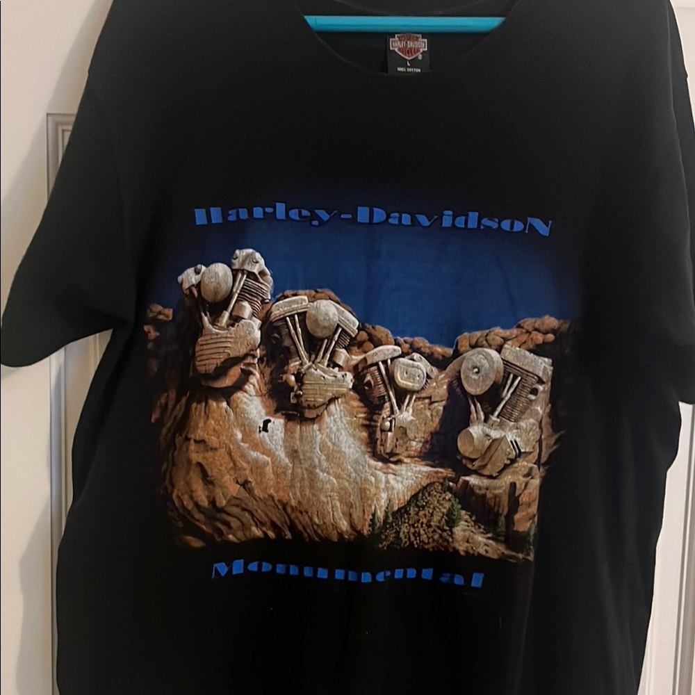 Harley-Davidson Monumental Black Tee with Blue and Brown Design
